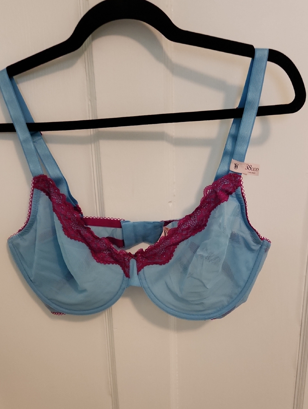 Victoria's Secret Light Blue Bra with Magenta Lace Trim